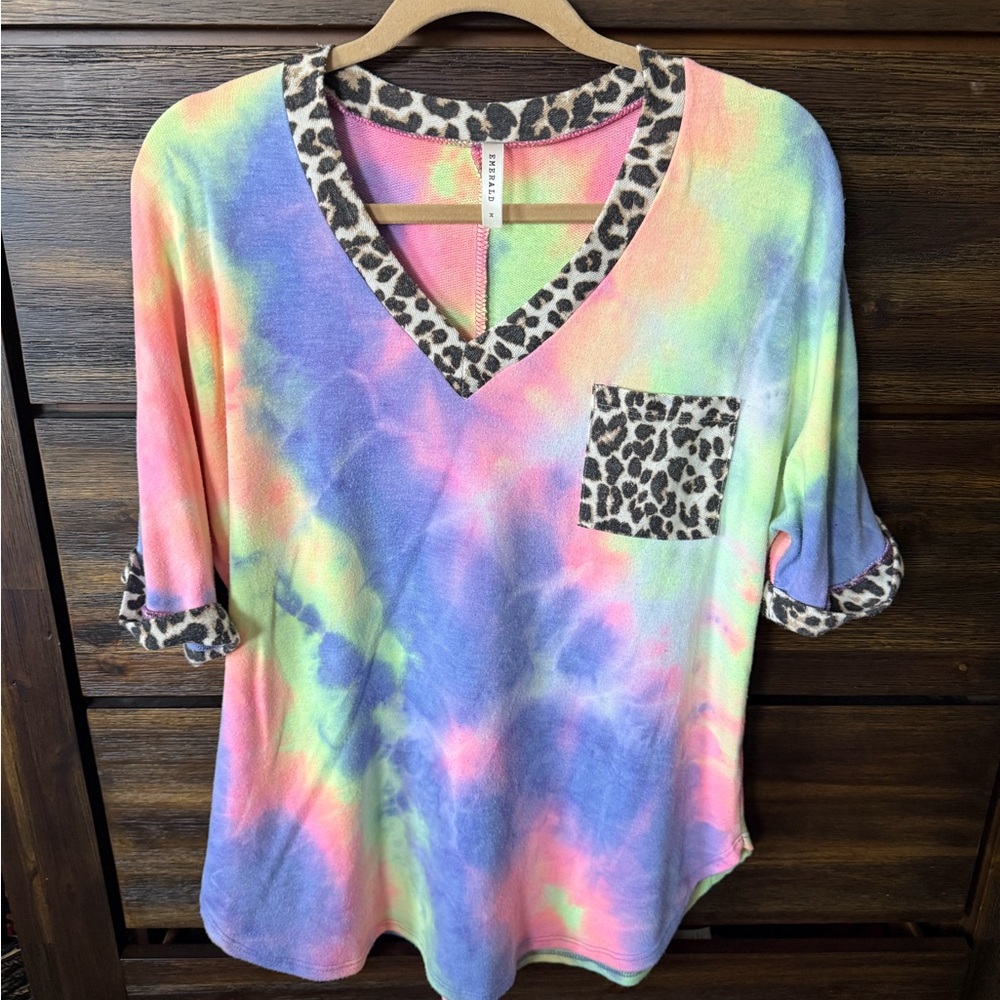 Emerald Tie-Dye Top with Leopard Accents